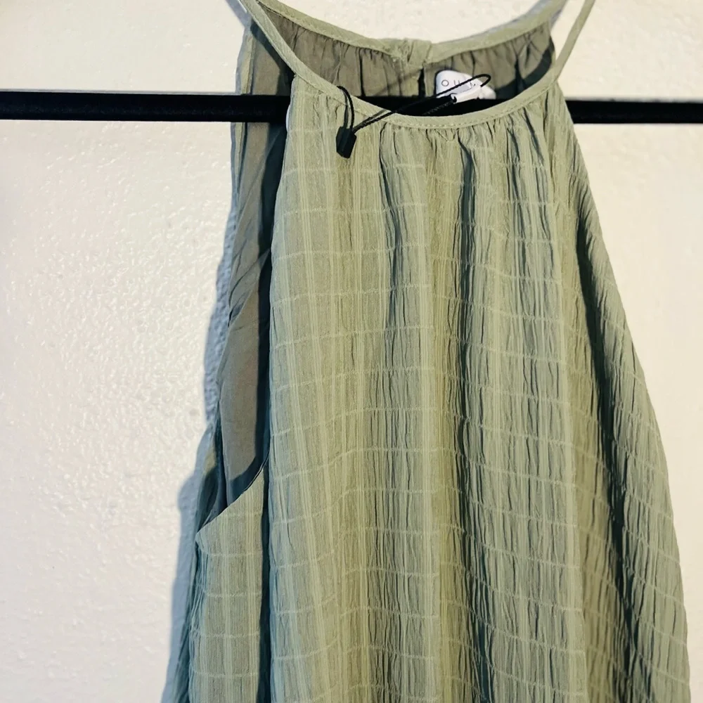 Miou Muse Halter Dress Olive Green Boho Ruffle Short Sleeveless Size L